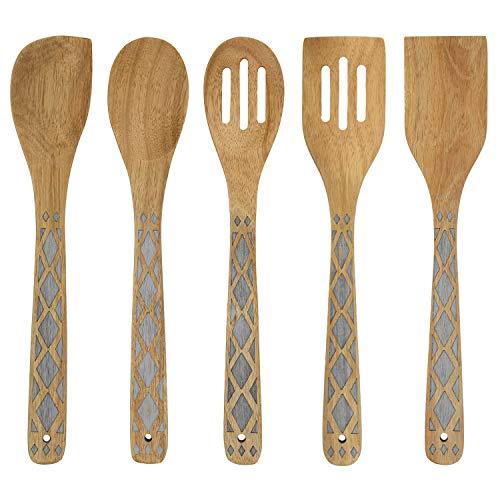 Country Kitchen 5 Piece Nonstick Utensil Set Acacia Wooden Kitchen Tools for Serving and Healthy Cooking with Black Inlay Design