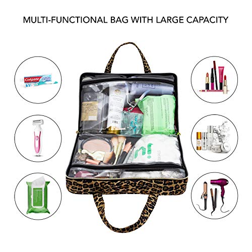 Once Upon A Rose Makeup Bag for Women and Girls, Large Cosmetic Bag with Zippered, Transparent Pockets and Handles, Foldable Makeup Bag for Home and Travel - Leopard Print