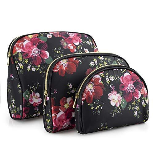 Once Upon A Rose 3 Pc Cosmetic Bag Set, Purse Size Makeup Bag for Women, Toiletry Travel Bag, Makeup Organizer, Cosmetic Bag for Girls Zippered Pouch Set, Large, Medium, Small (Black & Floral)