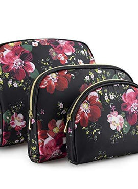 Once Upon A Rose 3 Pc Cosmetic Bag Set, Purse Size Makeup Bag for Women, Toiletry Travel Bag, Makeup Organizer, Cosmetic Bag for Girls Zippered Pouch Set, Large, Medium, Small (Black & Floral)