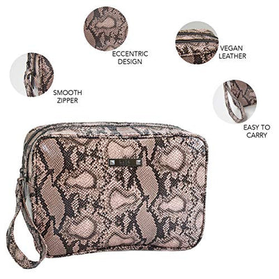 Nicole Miller Makeup Bag, Travel Toiletry Bag, and Cosmetic Bag- Pink Faux Leather Snakeskin Print (Large 2 Zip Bag)