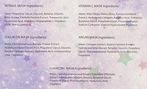 Beauty Concepts 5 Pack Face Mask, Face Sheet Masks Set Vitamin C, Collagen, Charcoal, Argan and Retinol Face Mask Kit and Gift Set, Facial Masks for Women
