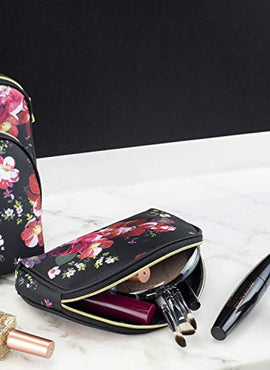 Once Upon A Rose 3 Pc Cosmetic Bag Set, Purse Size Makeup Bag for Women, Toiletry Travel Bag, Makeup Organizer, Cosmetic Bag for Girls Zippered Pouch Set, Large, Medium, Small (Black & Floral)