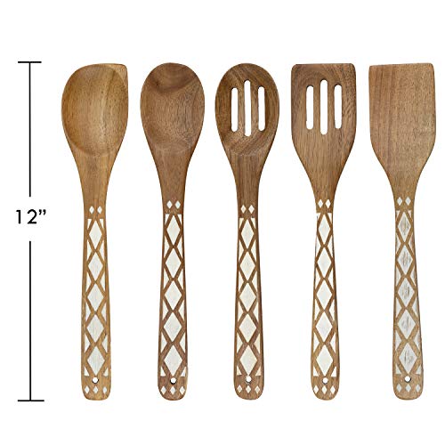 Country Kitchen 5 Piece Nonstick Utensil Set Acacia Wooden Kitchen Tools for Serving and Healthy Cooking with Black Inlay Design