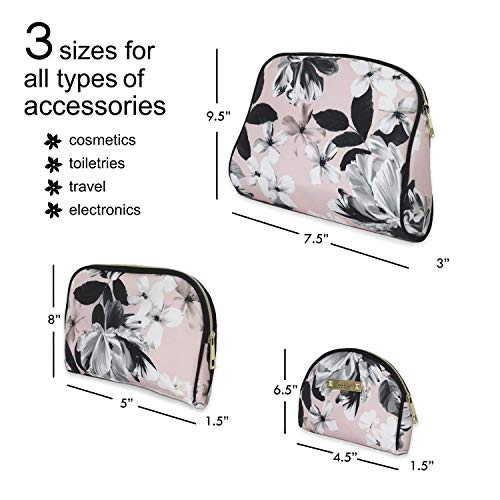 Nicole Miller 3 Pc Cosmetic Bag Set, Purse Size Makeup Bag for Women, Toiletry Travel Bag, Makeup Organizer, Zippered Pouch Set, Large, Med, Small (Pale Pink & Black Floral Print)