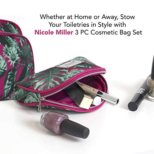 Nicole Miller 3 Pc Cosmetic Bag Set, Purse Size Makeup Bag for Women, Toiletry Travel Bag, Makeup Organizer, Cosmetic Bag for Girls Zippered Pouch Set, Large, Med, Small (Hot Pink & Green Leaf Print)