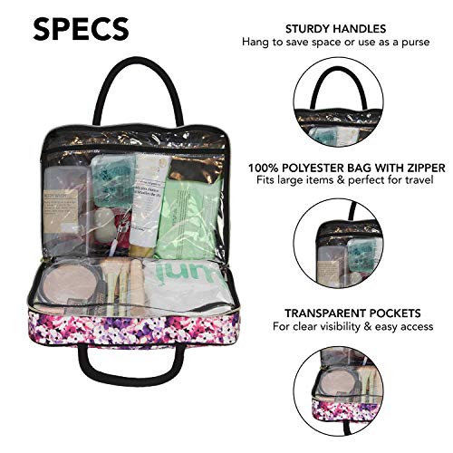 Nicole Miller Makeup Bag, Travel and Toiletry Bag, Large Cosmetic Bag with Zippered, Transparent Pockets and Handles, Foldable Makeup Bag for Home and Travel (Colorful Flower Print with Black Handles)