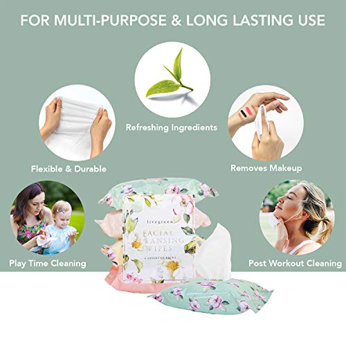 Live Green Facial Cleansing Wipes, 4 Assorted Packs, 30 Wipes Each Pack, Sweet Jasmine, Island Coconut, Rose Gardenia, Pink Grapefruit Fragrances