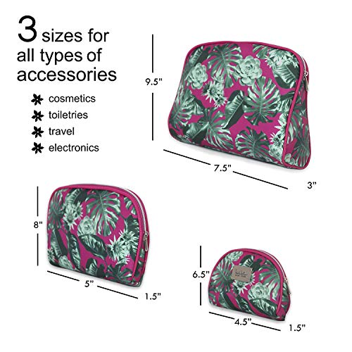 Nicole Miller 3 Pc Cosmetic Bag Set, Purse Size Makeup Bag for Women, Toiletry Travel Bag, Makeup Organizer, Cosmetic Bag for Girls Zippered Pouch Set, Large, Med, Small (Hot Pink & Green Leaf Print)