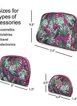 Nicole Miller 3 Pc Cosmetic Bag Set, Purse Size Makeup Bag for Women, Toiletry Travel Bag, Makeup Organizer, Cosmetic Bag for Girls Zippered Pouch Set, Large, Med, Small (Hot Pink & Green Leaf Print)