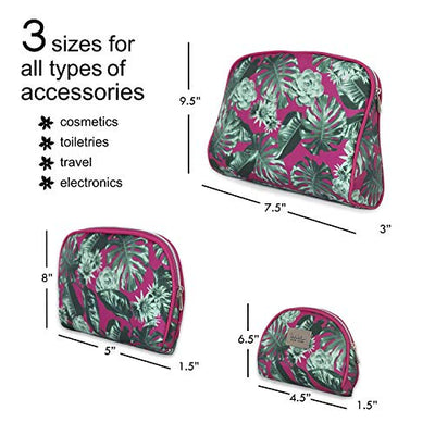 Nicole Miller 3 Pc Cosmetic Bag Set, Purse Size Makeup Bag for Women, Toiletry Travel Bag, Makeup Organizer, Cosmetic Bag for Girls Zippered Pouch Set, Large, Med, Small (Hot Pink & Green Leaf Print)
