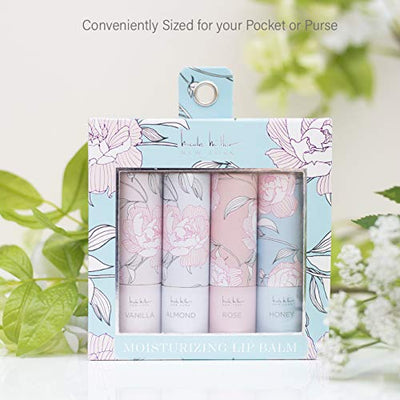 Nicole Miller 4 Pack Moisturizing Lip Balm Collection, Lip Softening Gift Set, Perfect Gift for Women and Girls (Vanilla, Almond, Rose & Honey)