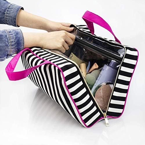 Once Upon A Rose Makeup Bag for Women and Girls, Large Cosmetic Bag with Zippered, Transparent Pockets and Handles, Foldable Makeup Bag for Home and Travel - Black & White Stripes