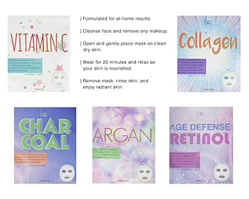 Beauty Concepts 5 Pack Face Mask, Face Sheet Masks Set Vitamin C, Collagen, Charcoal, Argan and Retinol Face Mask Kit and Gift Set, Facial Masks for Women
