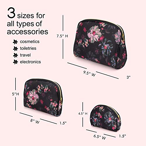 Once Upon A Rose 3 Pc Cosmetic Bag Set, Purse Size Makeup Bag for Women, Toiletry Travel Bag, Makeup Organizer, Cosmetic Bag for Girls Zippered Pouch Set, Large, Medium, Small (Pink Floral Design)
