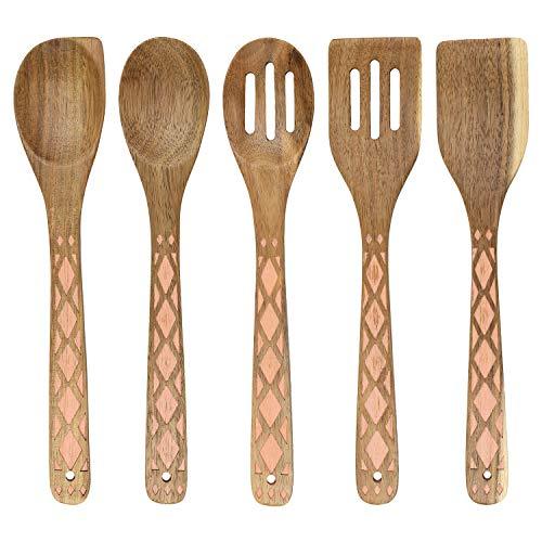 Country Kitchen 5 Piece Nonstick Utensil Set Acacia Wooden Kitchen Tools for Serving and Healthy Cooking with Black Inlay Design