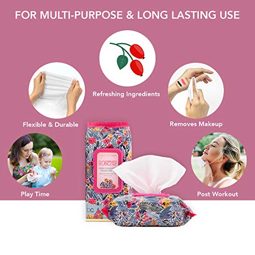Beauty Concepts Face Wipes & Makeup Remover Wipes - 2 Pack (60 Count Each) of Gentle Facial Towelettes Flip Top Pack (Rosehip)