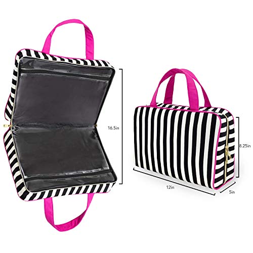 Once Upon A Rose Makeup Bag for Women and Girls, Large Cosmetic Bag with Zippered, Transparent Pockets and Handles, Foldable Makeup Bag for Home and Travel - Black & White Stripes