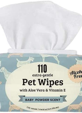 Precious Tails Pet Wipes (110 Count) - Extra Gentle Deodorizing Dog Grooming Wipes with Aloe Vera and Vitamin E, Alcohol Free - Baby Powder Scent