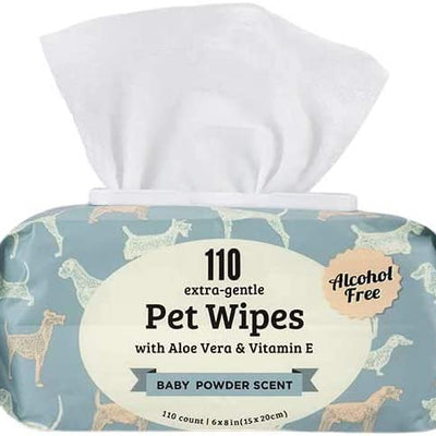 Precious Tails Pet Wipes (110 Count) - Extra Gentle Deodorizing Dog Grooming Wipes with Aloe Vera and Vitamin E, Alcohol Free - Baby Powder Scent
