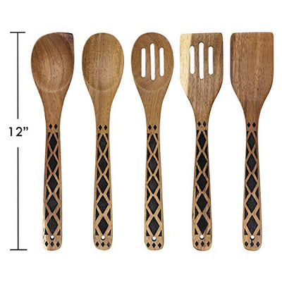 Country Kitchen 5 Piece Nonstick Utensil Set Acacia Wooden Kitchen Tools for Serving and Healthy Cooking with Black Inlay Design