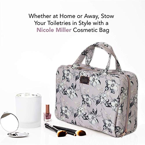Nicole Miller Makeup Bag, Travel and Toiletry Bag, Large Cosmetic Bag with Zippered, Transparent Pockets and Handles, Foldable Makeup Bag for Home and Travel (Pale Pink Flower Print)