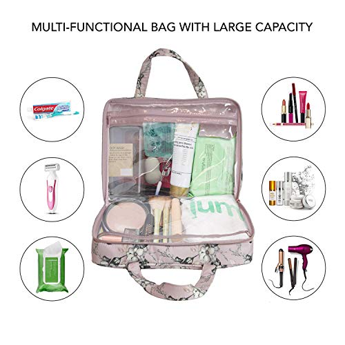 Nicole Miller Makeup Bag, Travel and Toiletry Bag, Large Cosmetic Bag with Zippered, Transparent Pockets and Handles, Foldable Makeup Bag for Home and Travel (Pale Pink Flower Print)