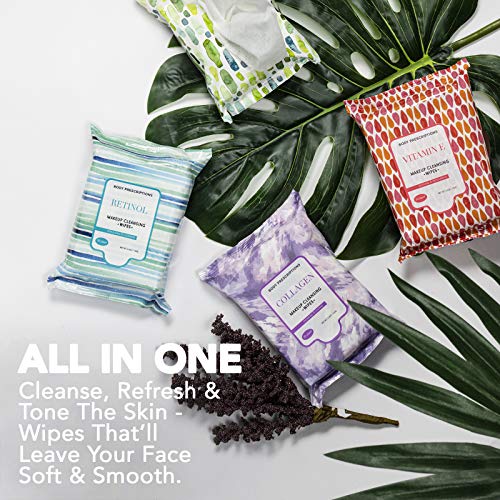 Body Prescriptions Makeup Remover Wipes Bulk, 4 Pack, 120 Facial Cleansing Cloths Removes Makeup, Mascara, Dirt and Oil (Retinol, Vitamin E, Tea Tree and Collagen )
