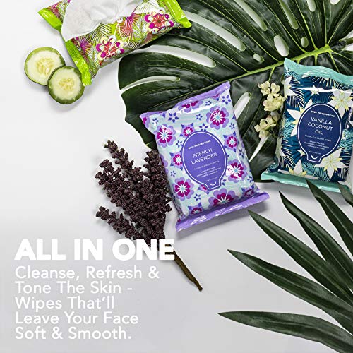 Body Prescriptions Makeup Remover Wipes Bulk, 3 Pack, 90 Facial Cleansing Cloths Removes Makeup, Mascara, Dirt and Oil (Cucumber Coconut Water, Vanilla Coconut Oil, French Lavender)