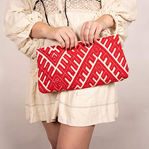 DwellStudio Vegan Clutch for Women -Boho Style Clutch, Wristlet, Purse, Woman's Hand Bag, Wallet, Beautiful Gift for Women (Red and White)