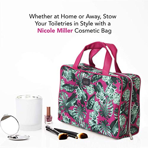 Nicole Miller Makeup Bag, Travel and Toiletry Bag, Large Cosmetic Bag with Zippered, Transparent Pockets and Handles, Foldable Makeup Bag for Home and Travel (Hot Pink & Green Leaf Print)