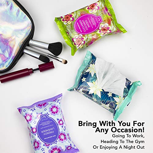 Body Prescriptions Makeup Remover Wipes Bulk, 3 Pack, 90 Facial Cleansing Cloths Removes Makeup, Mascara, Dirt and Oil (Cucumber Coconut Water, Vanilla Coconut Oil, French Lavender)