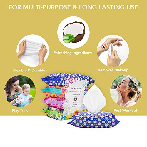 Body Prescriptions Makeup Remover Wipes Bulk, 4 Pack, 120 Facial Cleansing Cloths Removes Makeup, Mascara, Dirt and Oil (Sweet Jasmine, Rose Gardenia, Pink Grapefruit, Island Coconut)