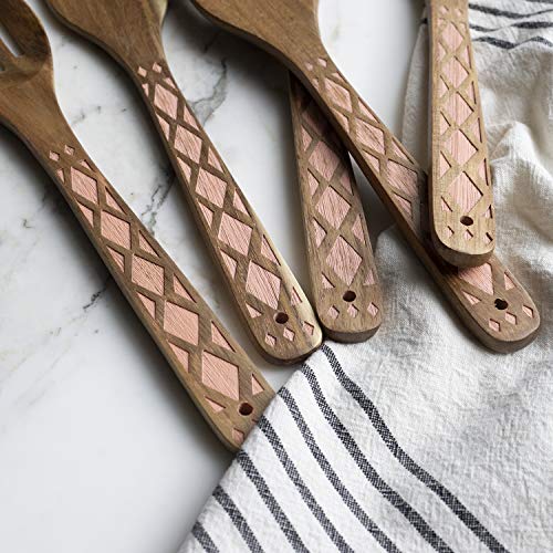 Country Kitchen 5 Piece Nonstick Utensil Set Acacia Wooden Kitchen Tools for Serving and Healthy Cooking with Black Inlay Design