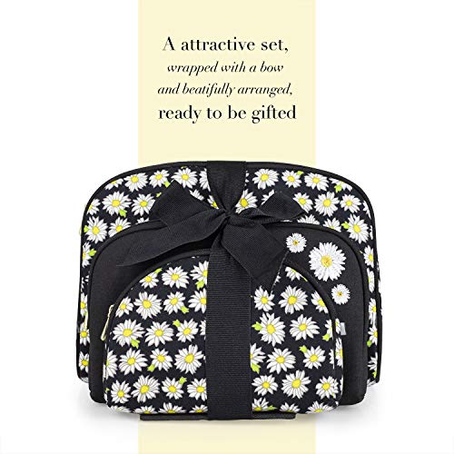 Once Upon A Rose 3 Piece Cosmetic Bag Set, Purse Size Makeup Bag for Women, Toiletry Travel Bag, Makeup Organizer, Cosmetic Bag for Girls Zippered Pouch Set, Large, Medium, Small (Daisy Black)