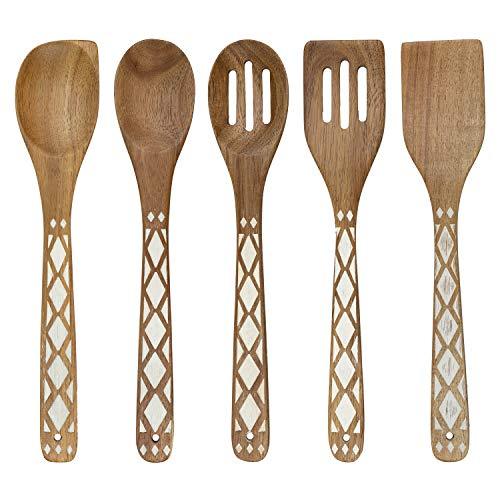 Country Kitchen 5 Piece Nonstick Utensil Set Acacia Wooden Kitchen Tools for Serving and Healthy Cooking with Black Inlay Design