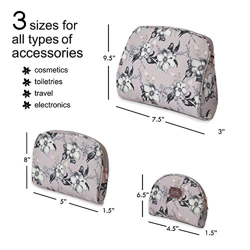 Nicole Miller 3 Pc Cosmetic Bag Set, Purse Size Makeup Bag for Women, Toiletry Travel Bag, Makeup Organizer, Cosmetic Bag for Girls Zippered Pouch Set, Large, Medium, Small (Pale Pink Floral)