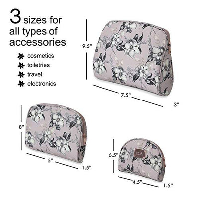 Nicole Miller 3 Pc Cosmetic Bag Set, Purse Size Makeup Bag for Women, Toiletry Travel Bag, Makeup Organizer, Cosmetic Bag for Girls Zippered Pouch Set, Large, Medium, Small (Pale Pink Floral)