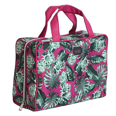 Nicole Miller Makeup Bag, Travel and Toiletry Bag, Large Cosmetic Bag with Zippered, Transparent Pockets and Handles, Foldable Makeup Bag for Home and Travel (Hot Pink & Green Leaf Print)