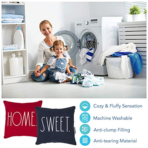 Rae Dunn Set of 3 12Ó Mini Decorative Pillow with Home Sweet Home Embroidered Sentiment, Red and Blue Throw Pillows, 100% Cotton (Square Pillows)