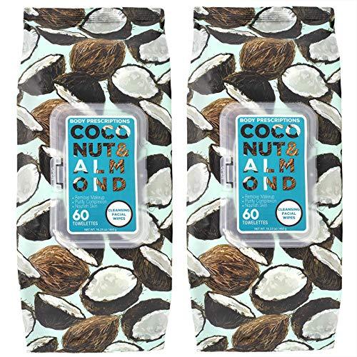 Body Prescriptions 2 Pack (60 Count Each) Coconut and Almond Facial Cleansing Wipes  Detoxifies Skin and Removes Makeup Flip Top Pack