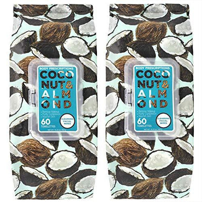 Body Prescriptions 2 Pack (60 Count Each) Coconut and Almond Facial Cleansing Wipes  Detoxifies Skin and Removes Makeup Flip Top Pack