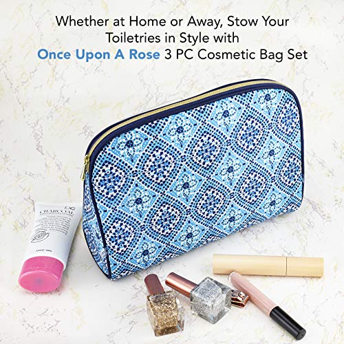 Once Upon A Rose 3 Pc Cosmetic Bag Set, Purse Size Makeup Bag for Women, Toiletry Travel Bag, Makeup Organizer, Cosmetic Bag for Girls Zippered Pouch Set, Large, Medium, Small (Navy & Blue)