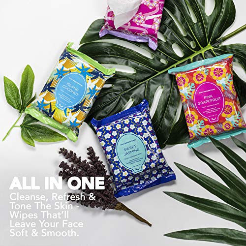 Body Prescriptions Makeup Remover Wipes Bulk, 4 Pack, 120 Facial Cleansing Cloths Removes Makeup, Mascara, Dirt and Oil (Sweet Jasmine, Rose Gardenia, Pink Grapefruit, Island Coconut)