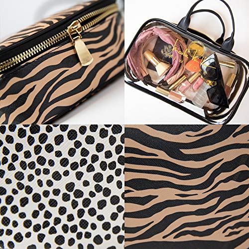 Nicole Miller Makeup Bag, Travel Toiletry Case, and 3 Piece Cosmetic Bag Set- Soft Train Bag with Smaller Makeup Organizer Bags (Animal Print)