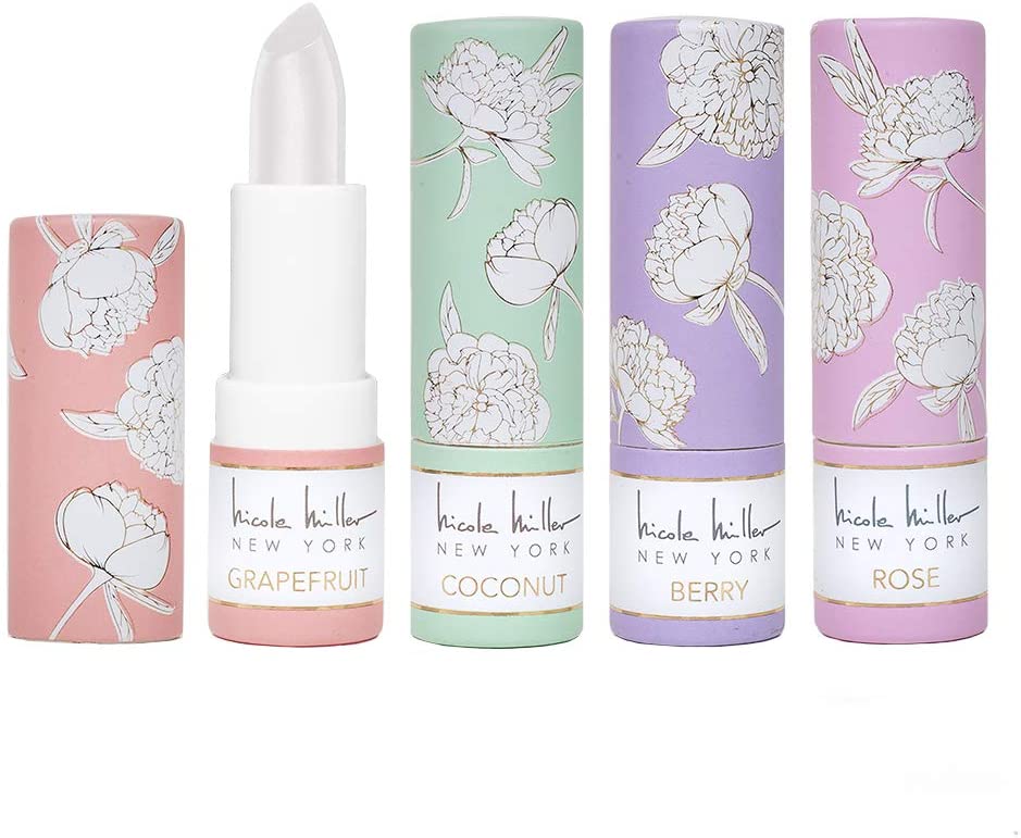 Nicole Miller 4 Pack Moisturizing Lip Balm Collection, Lip Softening Gift Set, Perfect Gift for Women and Girls (Rose, Berry, Coconut, and Grapefruit)