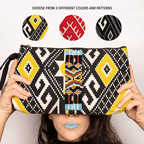 DwellStudio Vegan Clutch for Women -Boho Style Clutch, Wristlet, Purse, WomanÕs Hand Bag, Wallet, Beautiful Gift for Women (Black, White,& Yellow with Beads)