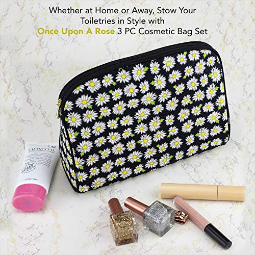 Once Upon A Rose 3 Piece Cosmetic Bag Set, Purse Size Makeup Bag for Women, Toiletry Travel Bag, Makeup Organizer, Cosmetic Bag for Girls Zippered Pouch Set, Large, Medium, Small (Daisy Black)