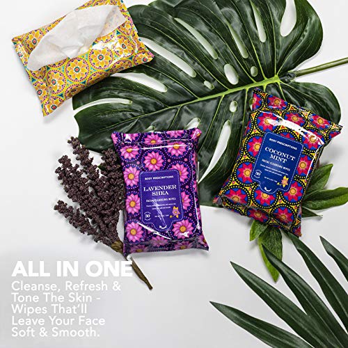 Body Prescriptions Makeup Remover Wipes Bulk, 3 Pack, 90 Facial Cleansing Cloths Removes Makeup, Mascara, Dirt and Oil (Vitamin C, Coconut Mint, Lavender Shea)