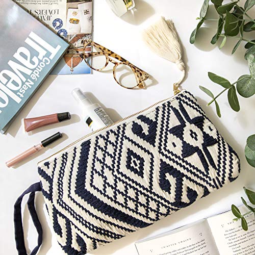DwellStudio Vegan Clutch for Women -Boho Style Clutch, Wristlet, Purse, Woman's Hand Bag, Wallet, Beautiful Gift for Women (Navy and White)